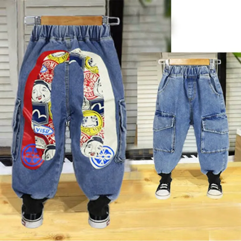 Pantaloni per ragazzi versione primavera e autunno Jeans stampati per ragazzi pantaloni per bambini per bambini abiti da lavoro larghi pantaloni