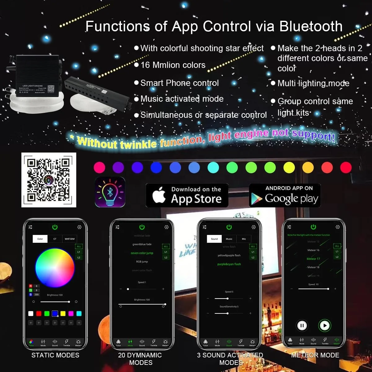 32W RGBW Car Interior Ceiling Starry Sky Light Source Starlight Headliner Kit Matched With 9W Coloul Meteor Light
