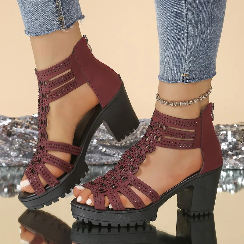 الصنادل الرومانية صيف جديد جولة تو المفتوحة تو حجر الراين مع انقطاع الخلفية سستة منصة عدم الانزلاق فم السمكة الكعوب #2