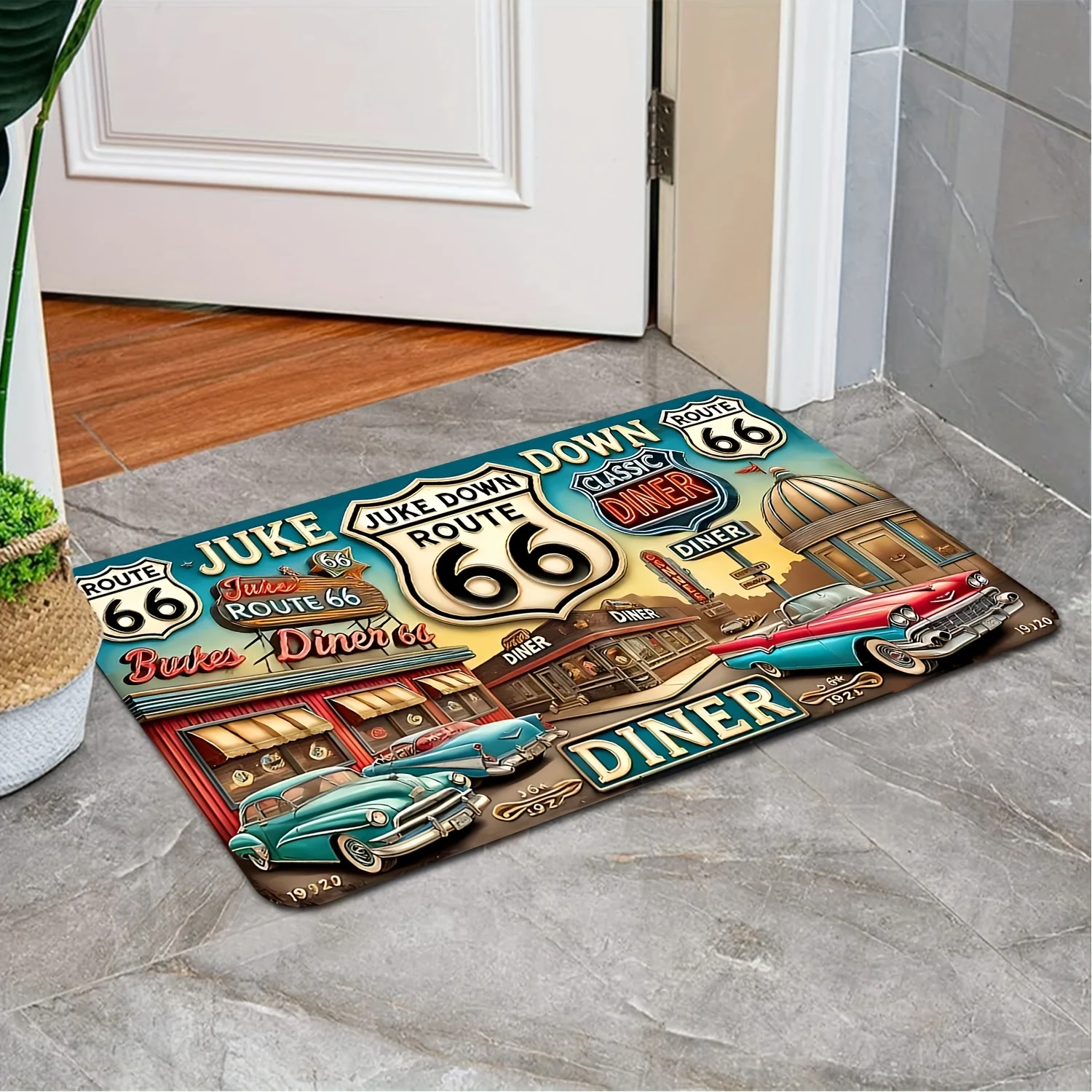 1pc 2D Flat Route 66 Vintage Cars Diner Retro Flannel Door Mat Non Slip Americana Rug For Entryway Garage Floor Decor