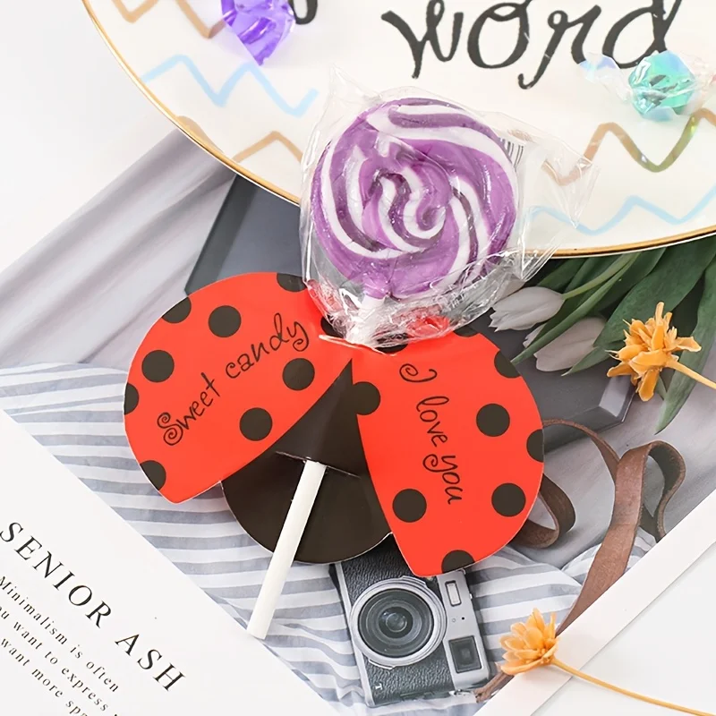50 Stück Marienkäfer-förmige Lollipop-Karten Festliche Party-Papier-Lollipop-Karten Festival-Geschenkkarte Hochzeitsgeschenke für Gäste – Detail 2