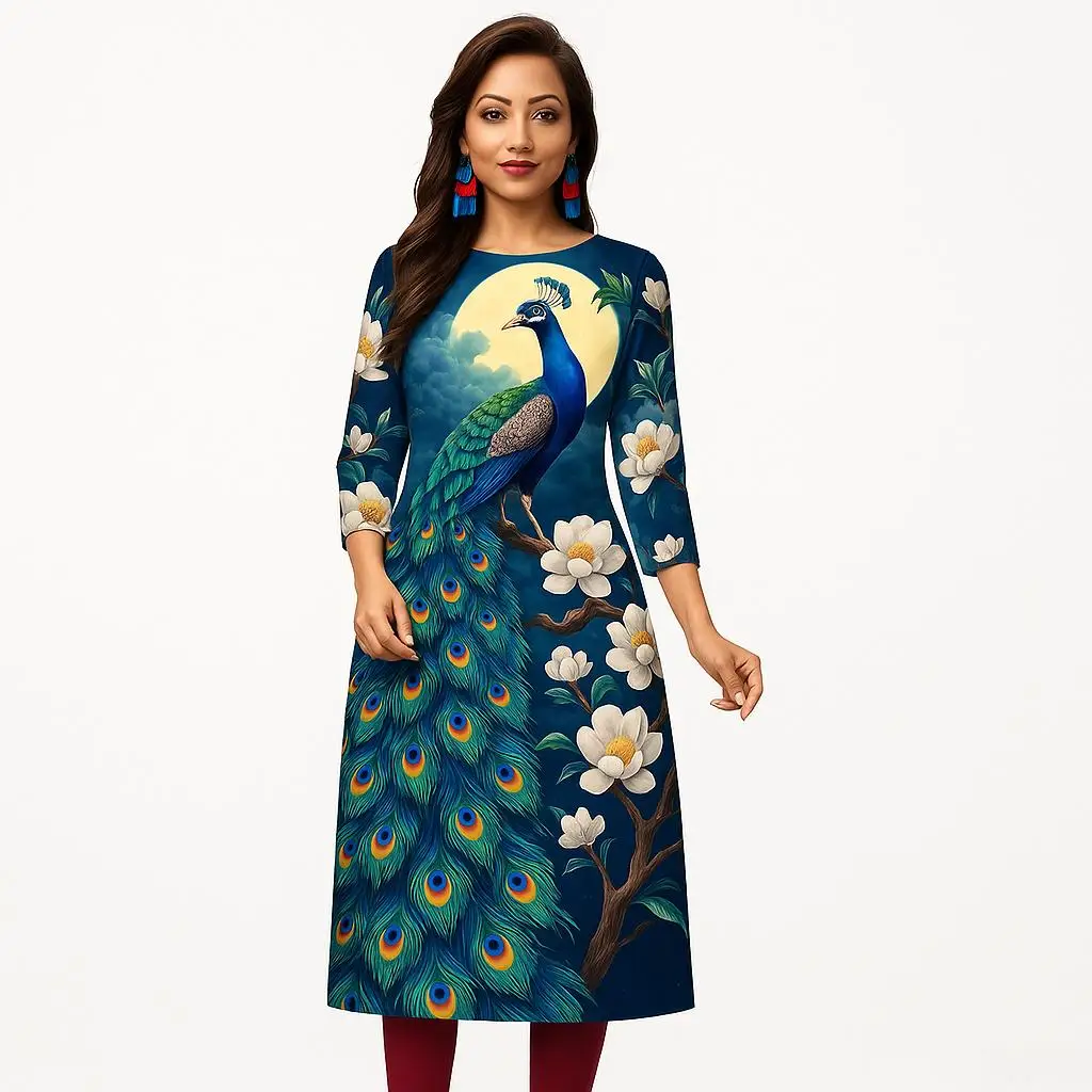 Kurt Women's Fashion Comfortable Long Sleeve Straight Casual Ethnic Round Neck Peacock Pattern New Dress.