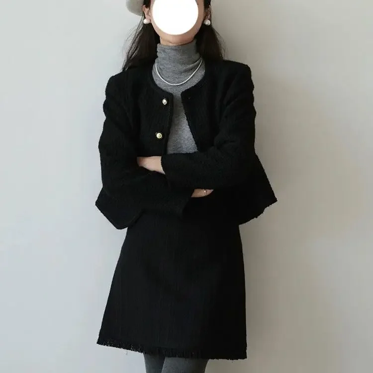 Korean Elegant Mini Two Piece Set Women Autumn Vintage Cropped Coat Cute Skirt Set Casual Office Lady Formal Party Set Female