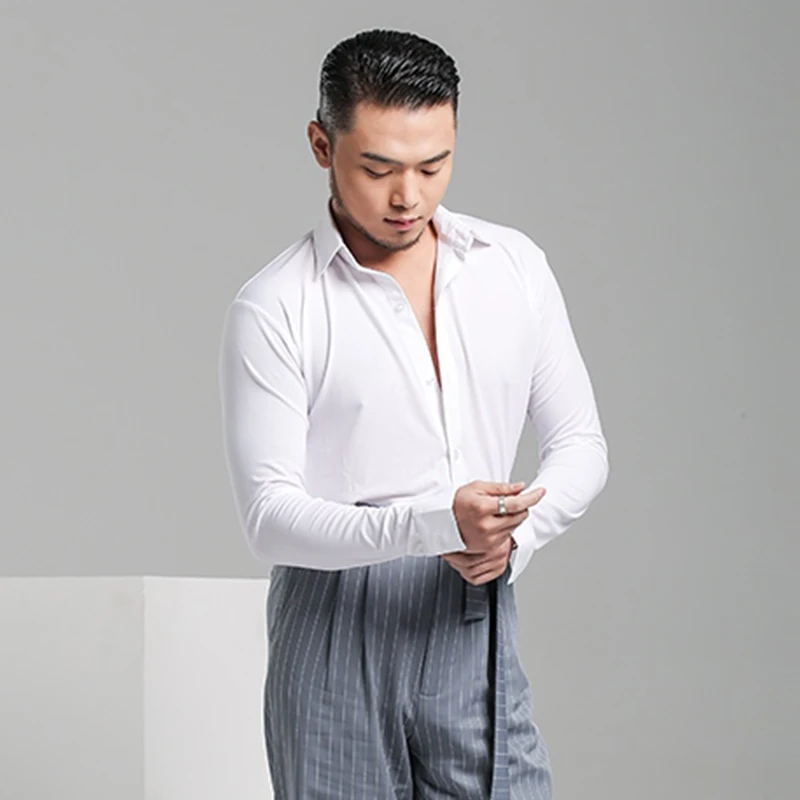 Camisa de baile de salón estándar para hombres, traje de actuación, ropa de escenario de Tango Rumba, Tops de práctica de manga larga, Top de baile latino 2003