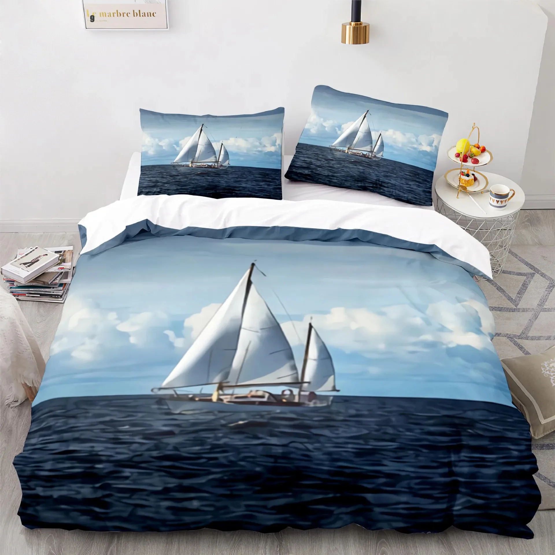 

Wave Duvet Cover Set,Sea Ocean Nautical Bedding Set Sailboat Comforter Cover,QueenKingFullTwin Size Polyester Quilt Cover