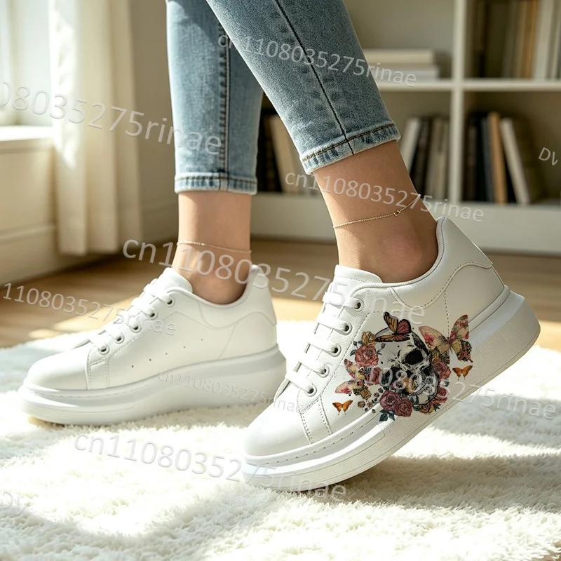 New Hot Selling Gothic Art Graphic Print Man Woman Lace Up Platform Board Shoes White Thick Sole Casual Daily Sneakers