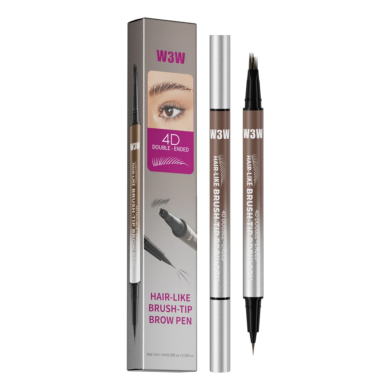 W3W Micro Needle Engraved Double-Tip Eyebrow Pencil - Waterproof, Non-Transfer, Non-Fading Two-in-One Wild Eyebrow Square Brush