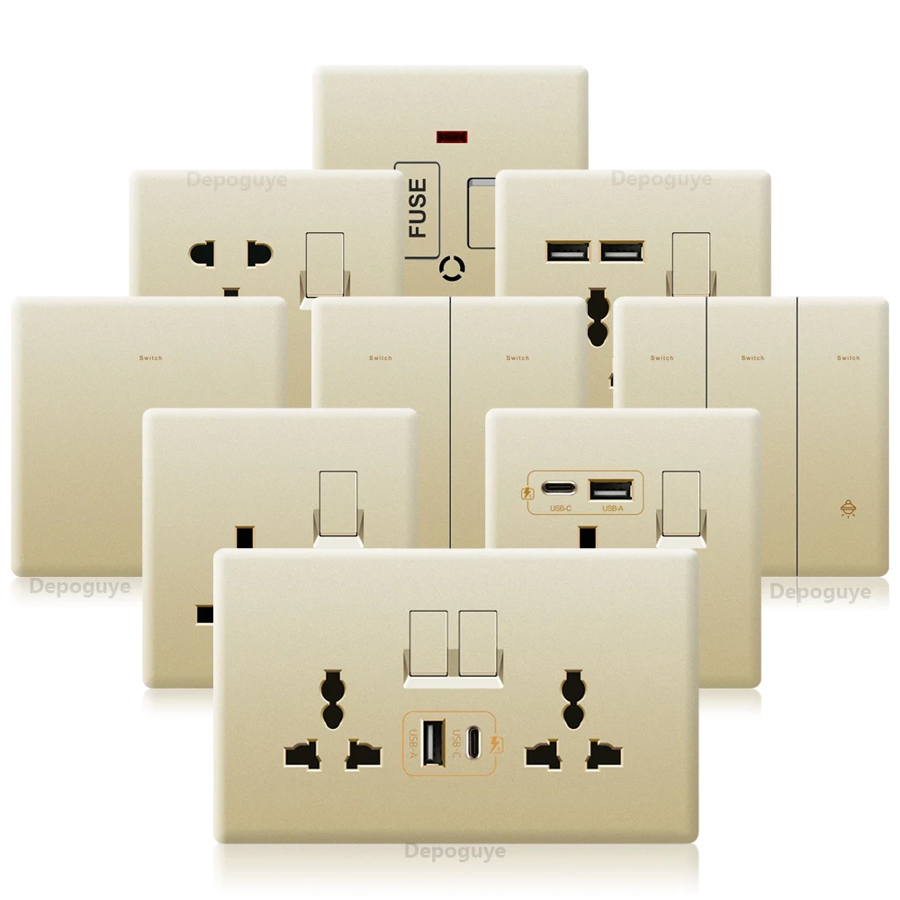 

Universal 3pin Dual USB Socket,UK 13A Type-C 18W Quick charging Outlet,220V Electrical Wall 1/2/3/4gang 2wayLight Switch Panel