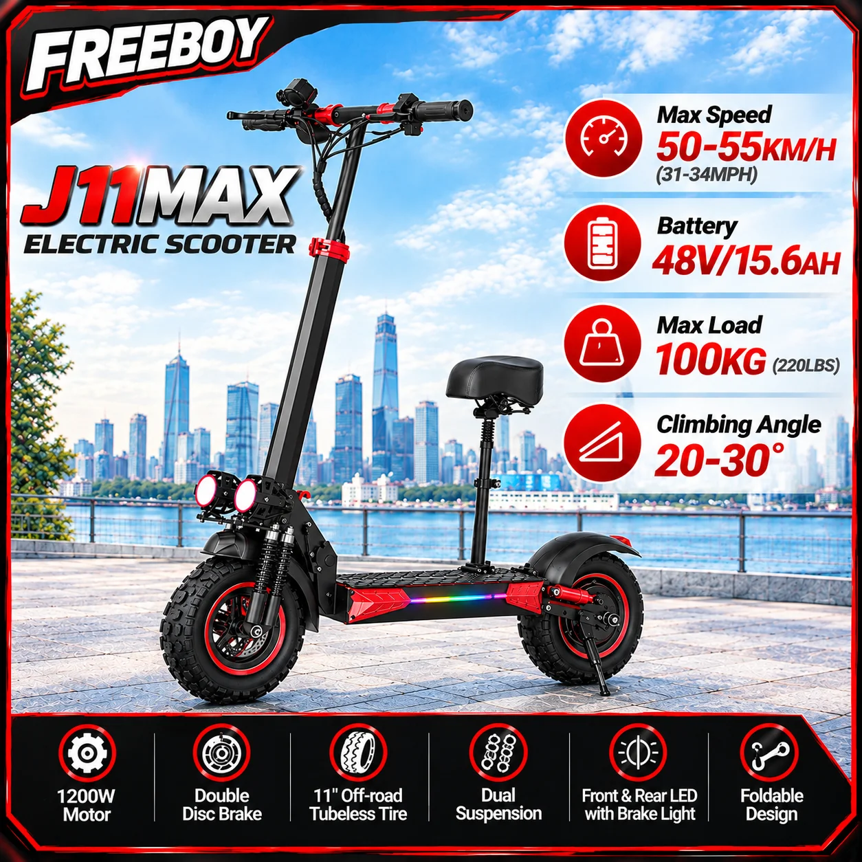 Foldable Electric Scooter for Adults, 1200W Powerful Motor, 48V 15.6Ah Lithium Battery, 11 Inch Off-Road Tubeless Tyres, Dual Shock Absorption, Front & Rear Disc Braking System