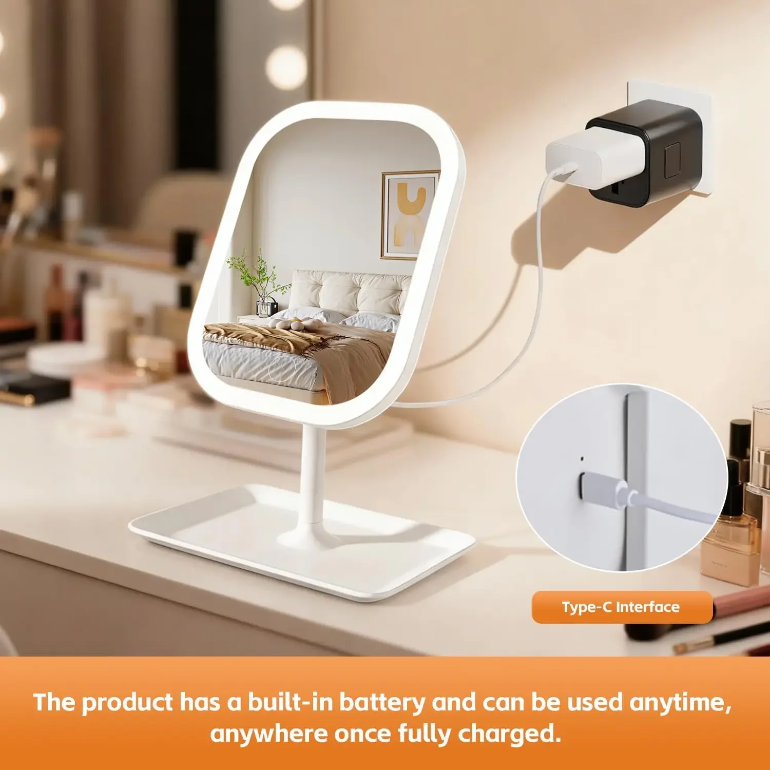 Aanraakgevoelige bediening Make-upspiegel, make-upspiegel 270 graden rotatie-aanpassing, schoonheidsmake-upspiegel met verlichting