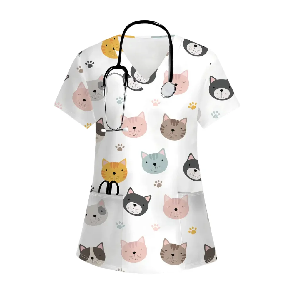 Uniformes de soins infirmiers vétérinaires chat mignon femme décontracté à manches courtes avec poches motif imprimé uniforme confortable uniforme chirurgical femme