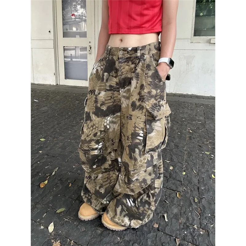 Camouflage Jeans Women Y2K Vintage Personality High Waisted Straight Trouser Streetwear Loose Girl Wide Leg Classic Denim Pants