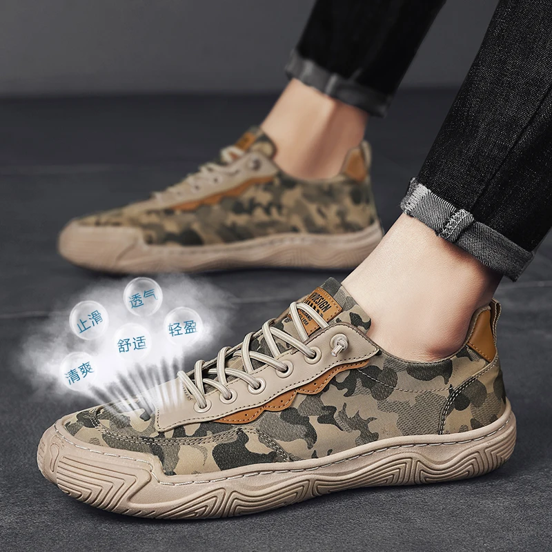 New Casual Canvas Shoes for Men Summer Breathable Flat Shoes Waterproof Outdoor Wear-resistant Casual Camouflage Shoes