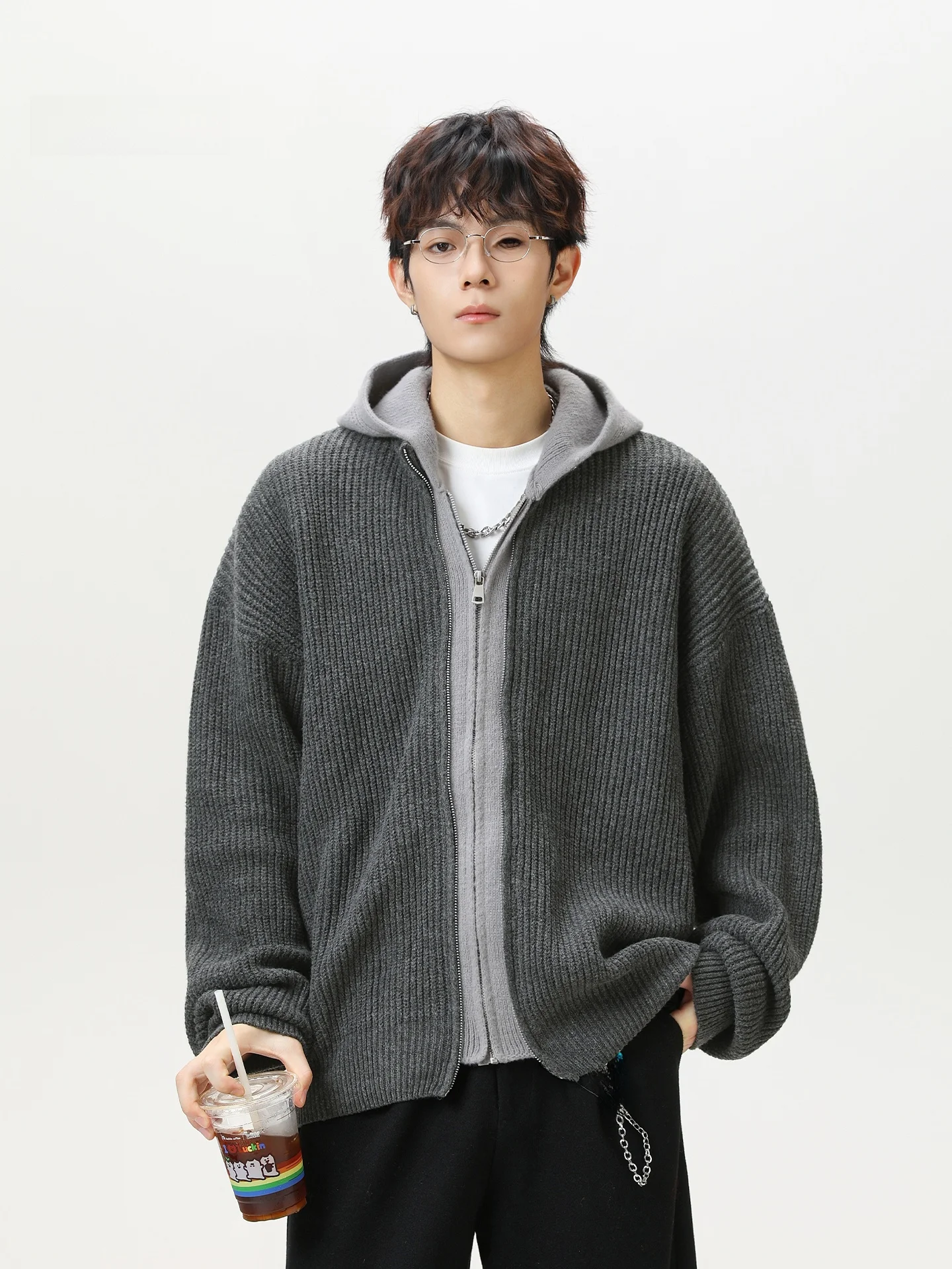 

American Retro Fake Two-Piece Sweater Coat Men's Autumn High-End Lazy Sle CleanFit Hooded Zipper Jaet Casual Loose Fit