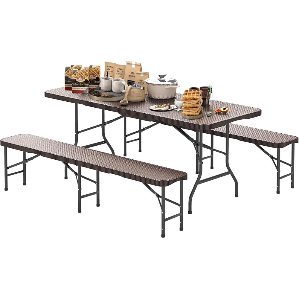 

6 FT 3-Piece Portable Picnic Table Bench Set, HDPE Rattan-Like Plastic Folding Picnic Tables with Benches, Foldable Patio Campi