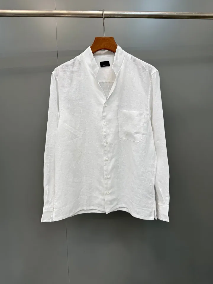 ZEG Old Money Aesthetic Men Linen One Piece Collar Long Sleeve Shirt Rolled Cuff Round Hem Slim Fit Casual Top