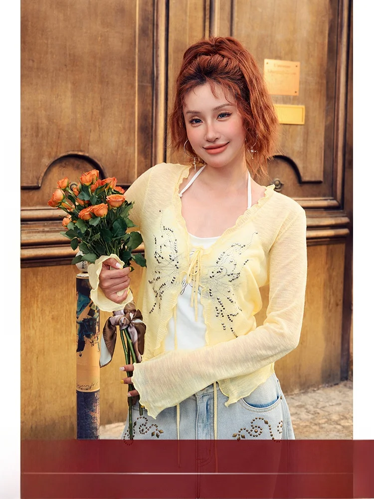 

BeerBro Street Style Lightweight Bamboo Rayon Metal Embellished Knitted Cardigan Women's V-Neck Long Sleeve Thin Summer Sweater