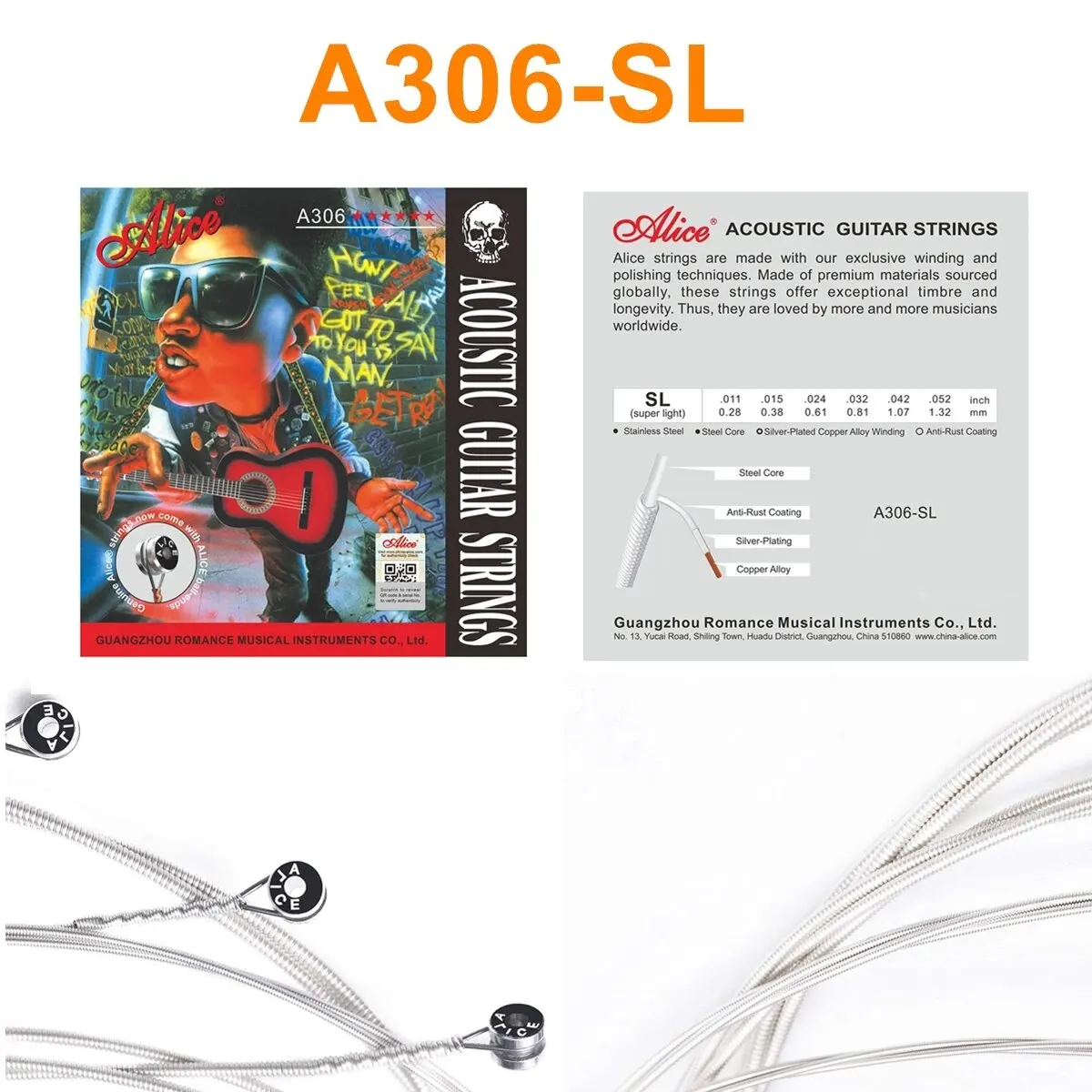 Alice Acoustic Guitar Strings 6 Pcs/Set Musical Instrument Guitar Parts Accessories 206/306/406/407C-SL