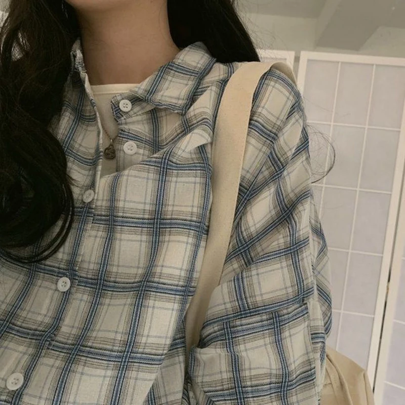 Rimocy Women\'s Plaid Oversize Shirt Spring Summer Lantern Sleeve Vintage Blouse Women Thin Button Up Loose Check Shirt Female