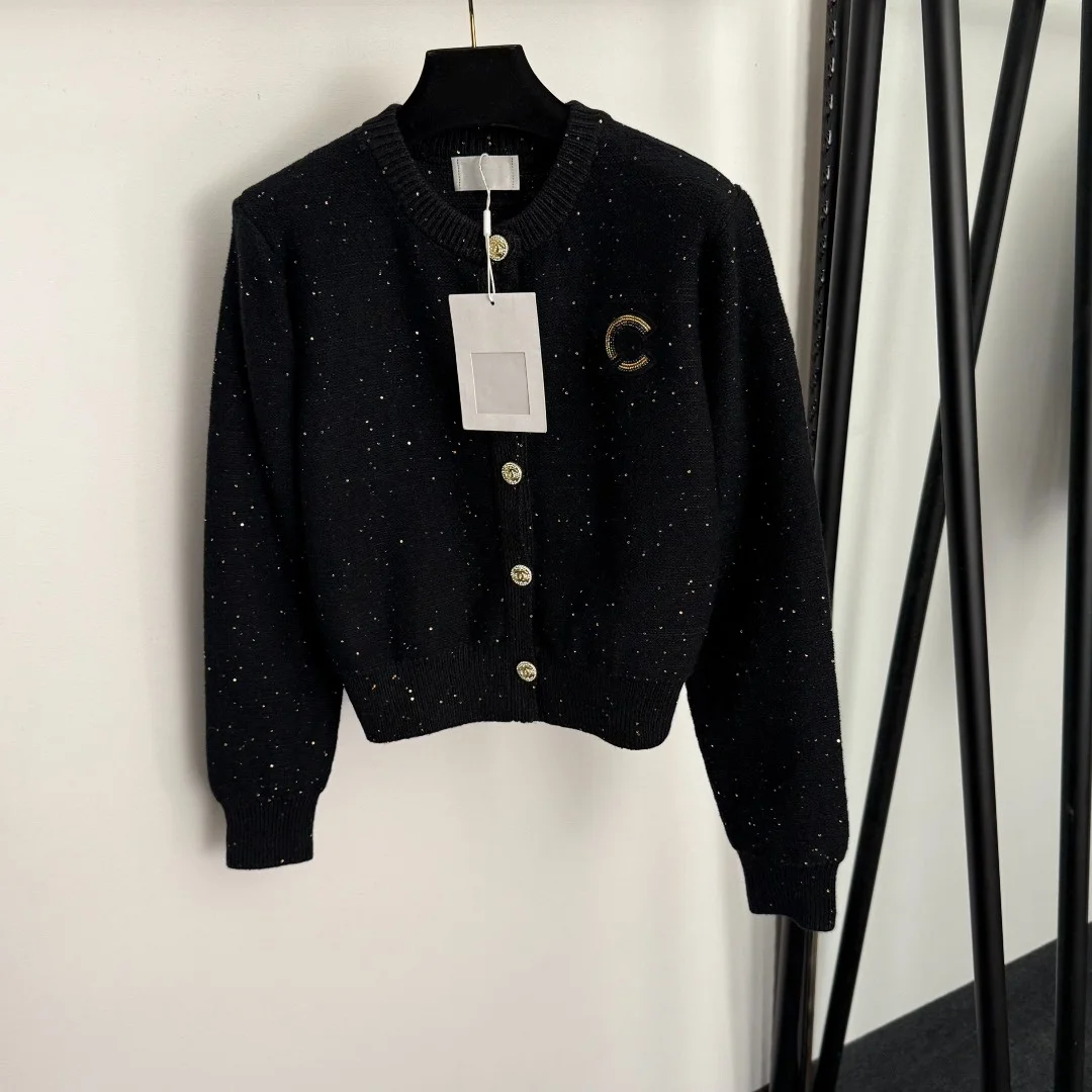 2025 Women's Autumn and Winter New Sequin Inlaid Single Breasted Long Sleeved Knitted Cardigan