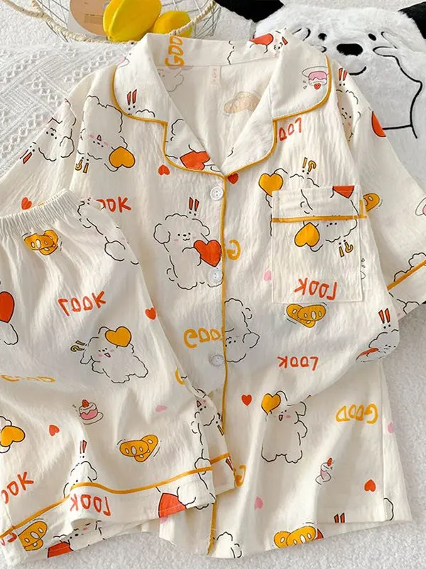 Summer New Women's Cloud Cotton ort Sve Spwear Set Cute Cartoon Heart Dog Home Clothes Can Be Worn outside