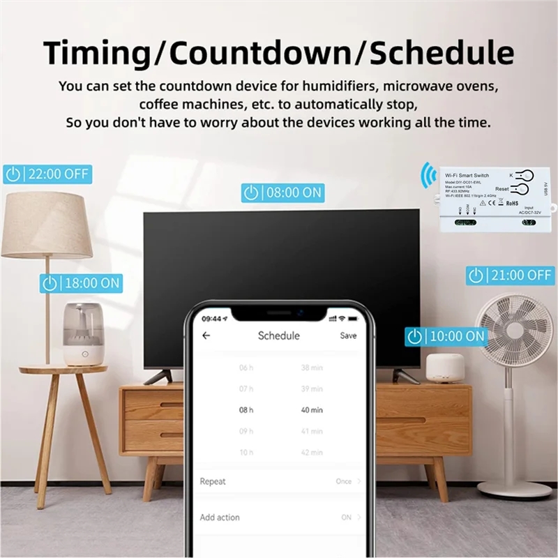 -MEOF Wifi Smart Switch Ewelink DIY Timer 1CH 7-32V RF433 2.4G Wifi Smartlife وحدة أتمتة المنزل لـ Alexa Google Home White
