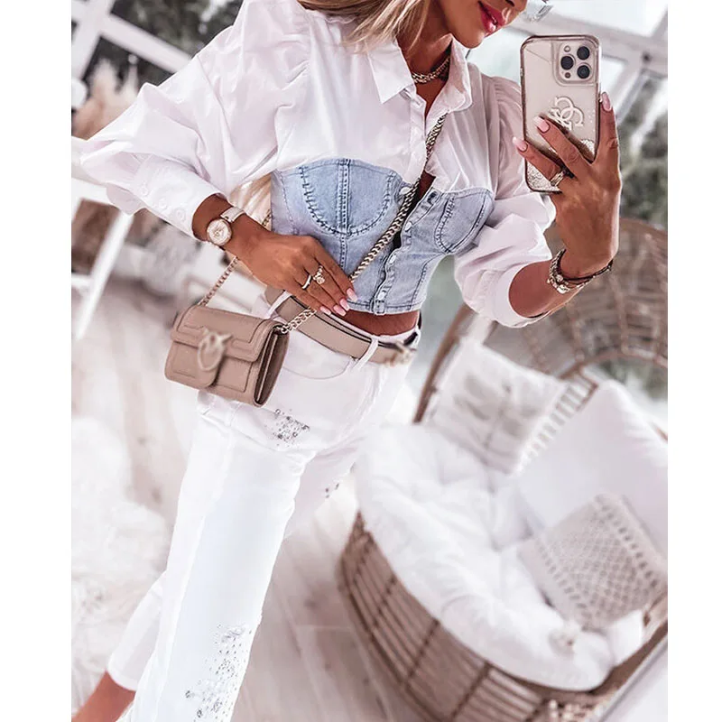 Imagem -04 - Patchwork Denim Camisa Branca Mulheres Colheita Top Manga Longa Turn Down Collar Botão para Cima Senhoras Blusas Elegantes Estilo Coreano Streetwear