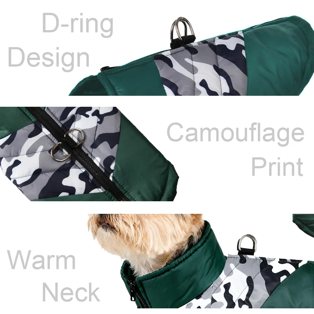 الشتاء الدافئة الكلب الملابس للكلاب المتوسطة الصغيرة التمويه طباعة سترة للحيوانات الأليفة مع D-حلقة مقاوم للماء الحيوانات الأليفة يوركشاير الصلصال سترة