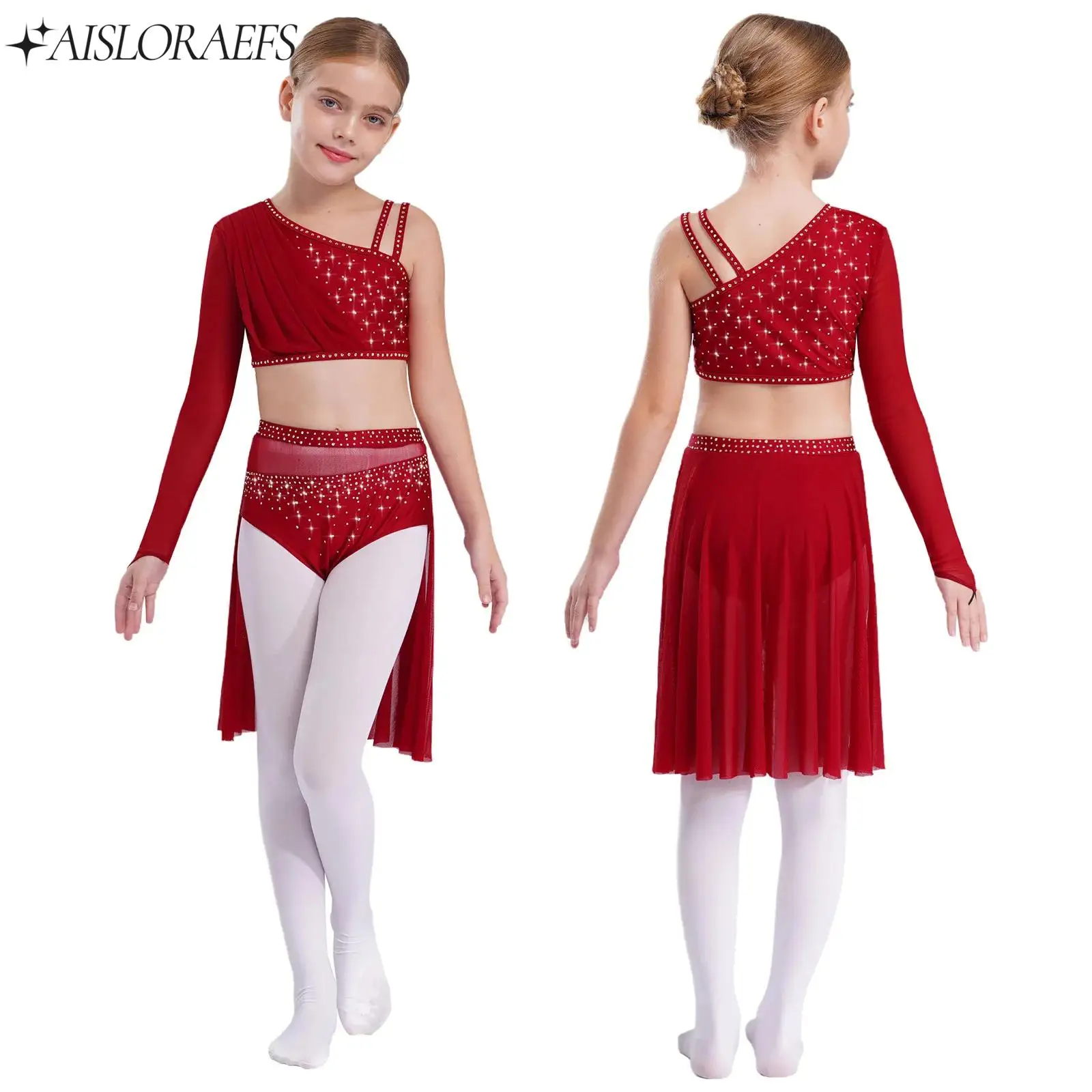 

Girls Glittery Ballet Lyrical Modern Dance Performance Outfit Rhinestones Mesh Crop Top with Skirted Briefs Ballerina Costume