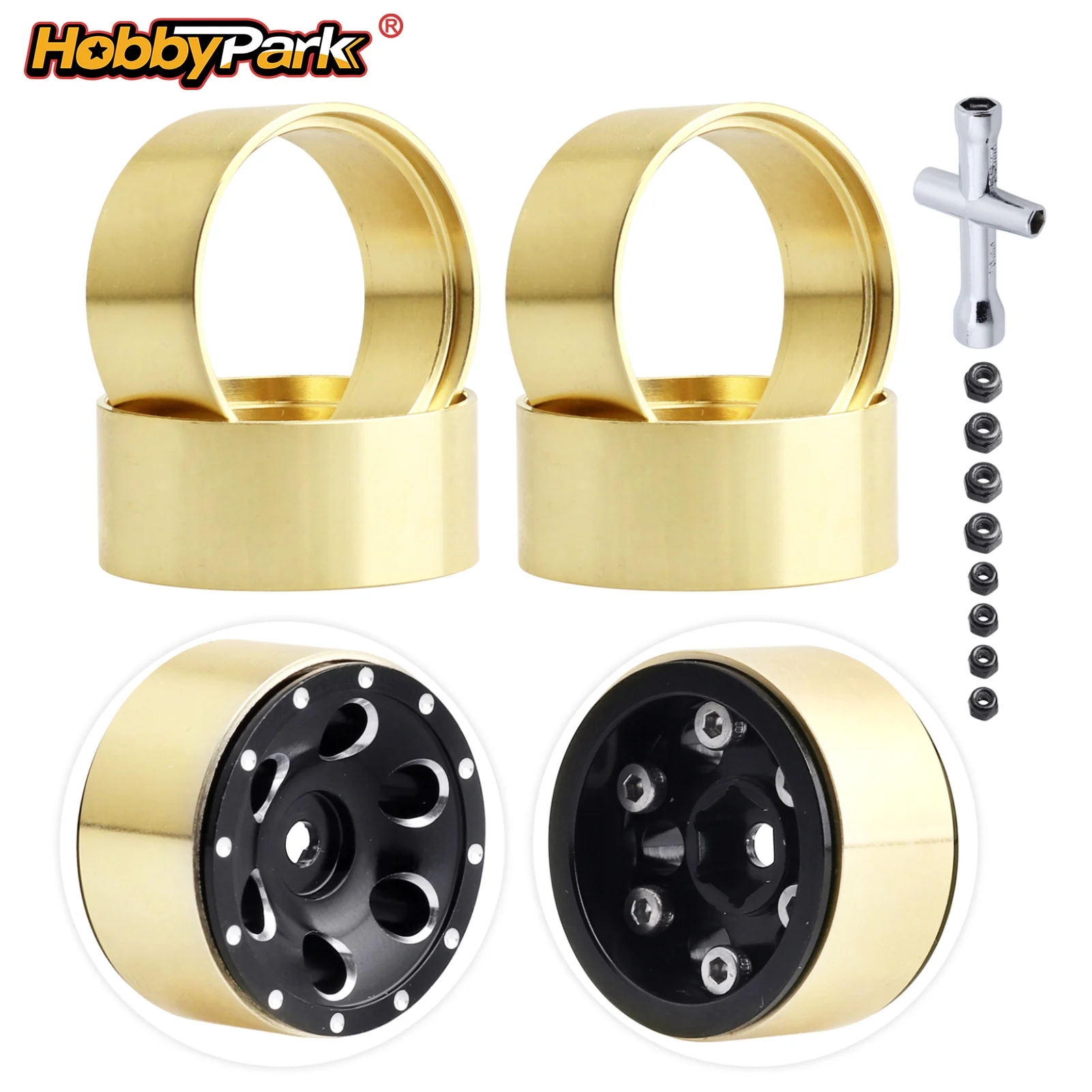 HobbyPark Brass Internal Beadlock Ring Clamp 1.0 Fit for TRX4M Axial SCX24 Wheels w/ Lock Nuts Wrench