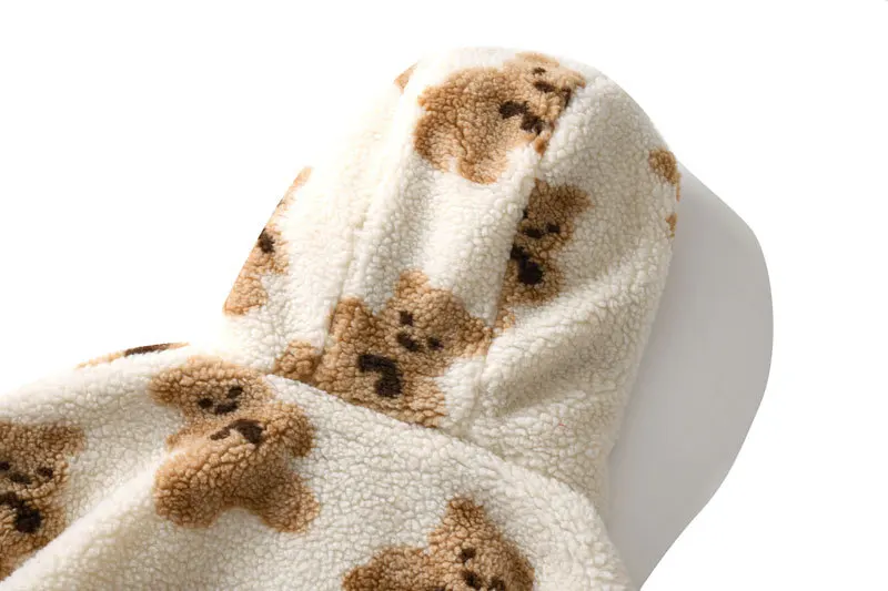Autumn Winter Women Hooded Thickened Casual Sweatshirt Cartoon Bear Print Zipper Pocket Plush Unisex Fleece Jacket