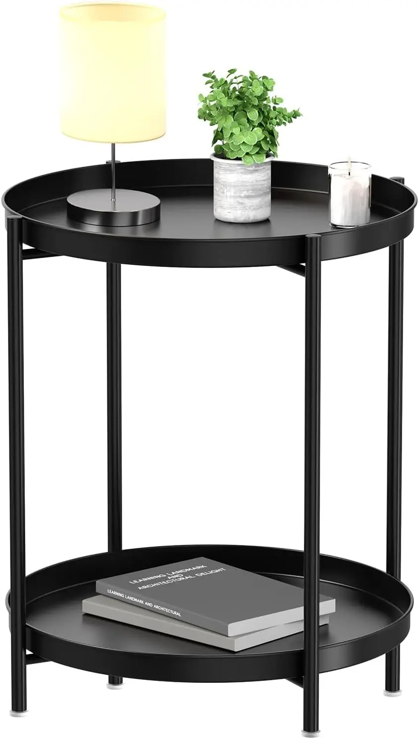 

2-Tier Metal Side Table with Removable Tray, Waterproof for Indoor Outdoor Use in Living Room Bedroom Balcony Office