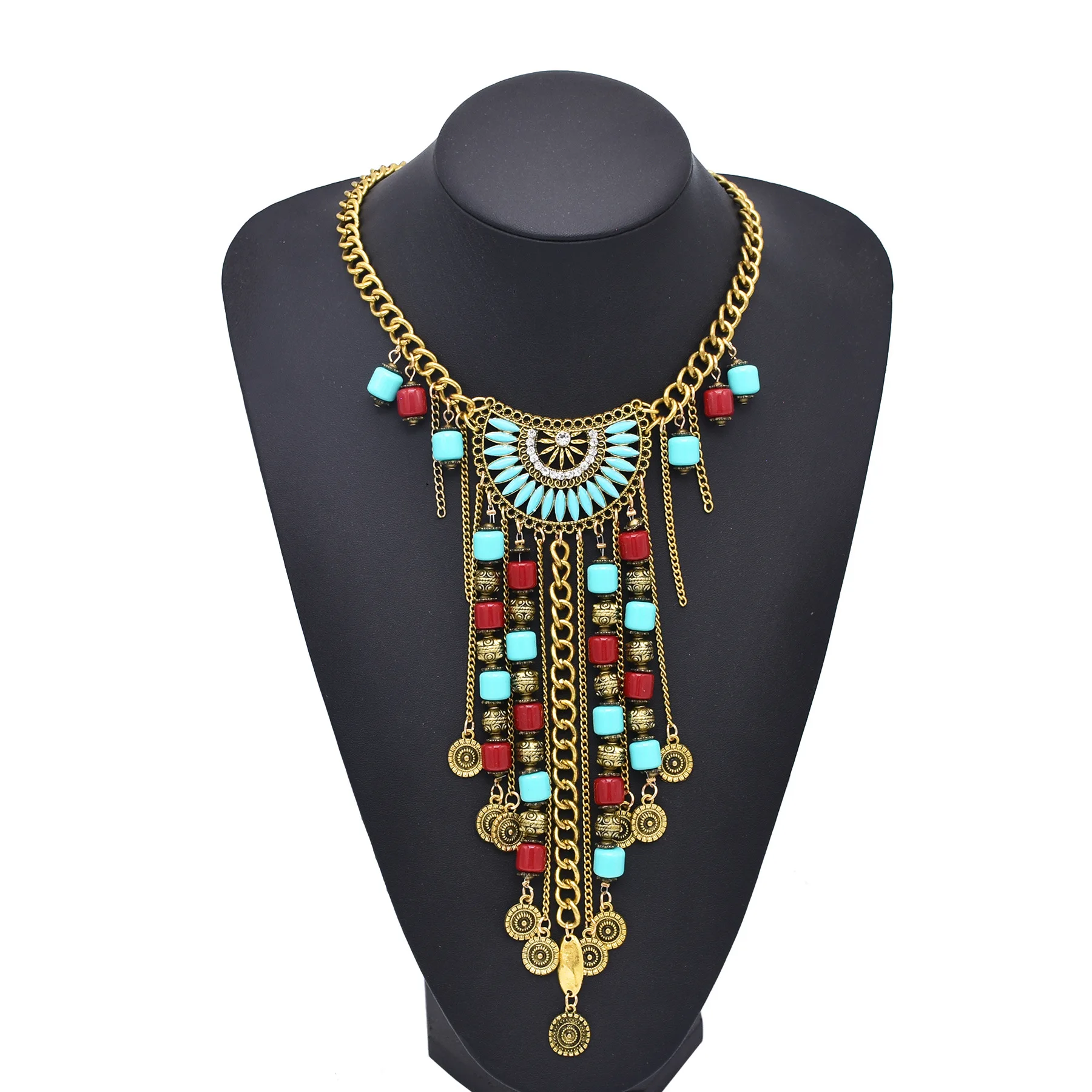Vintage Golden Silvery Long Chains Artificial Gemstone Bead Coin Necklace for Women Gypsy Ethnic Clothing Sweater Neck Jewelry