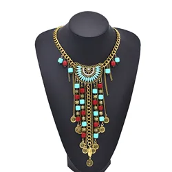 Vintage Golden Silvery Long Chains Artificial Gemstone Bead Coin Necklace for Women Gypsy Ethnic Clothing Sweater Neck Jewelry