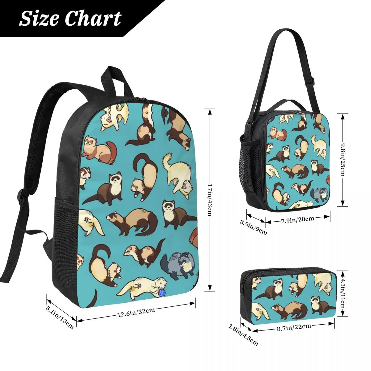 Cat Snakes In Blue Backpack Student Boys Girls BookBag School Bag Computer Shoulder Bags 3ps Insulated Lunch Bag Pencil Case