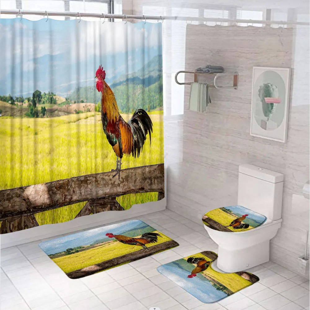 Rustic Farm Cow Shower Curtain Sets Farmhouse Chicken Country Scenery Bathroom Curtains Non-Slip Bath Mats Rug Lid Toilet Cover