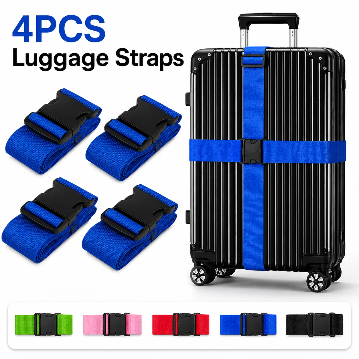 4 Stück Gepäckgurte, verstellbare Koffergurte, Gurtband, Reisetasche, sichere Schnalle für 20 bis 32 Zoll große Koffer, Reisezubehör-Pack