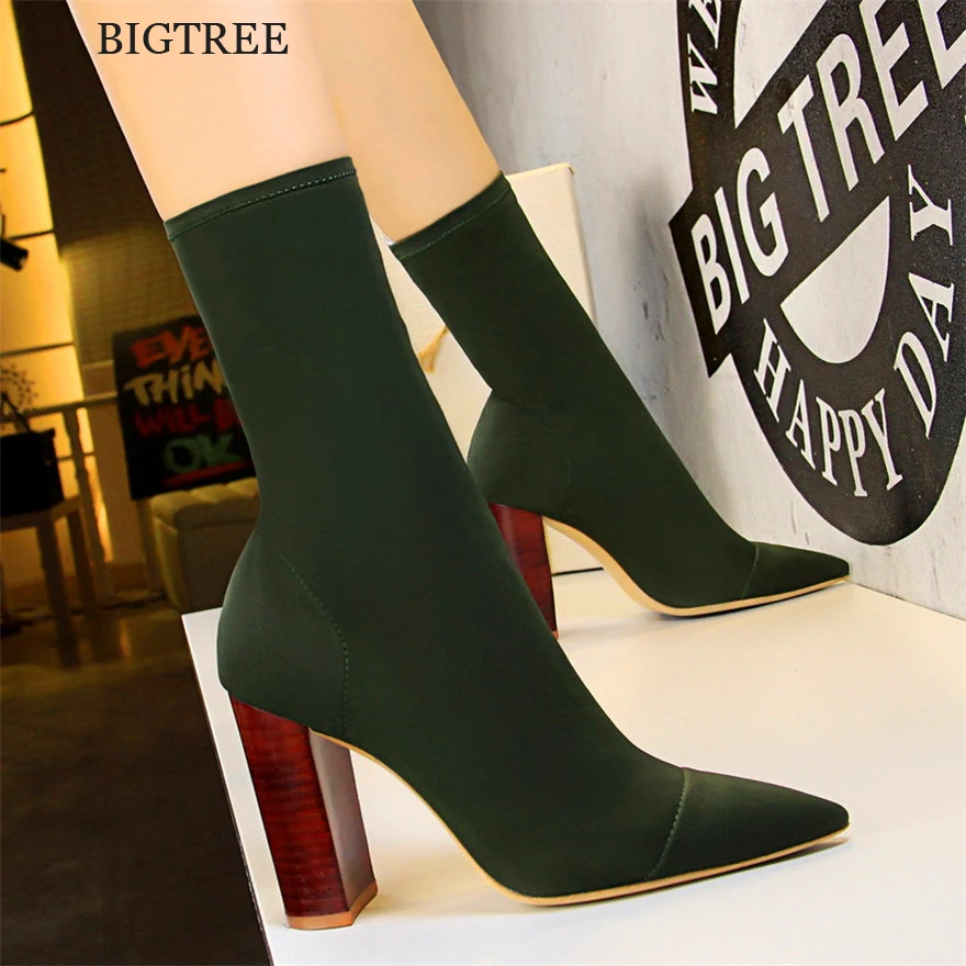 Botas de Mujer con Tacón Cuadrado Retro con Diseño de Madera, Tallas Grandes 34-43, Botas de Tacón Alto con Punta Puntiaguda, Zapatos de Fiesta para Mujer, Botas de Calcetín Elásticas de Licra para Mujer