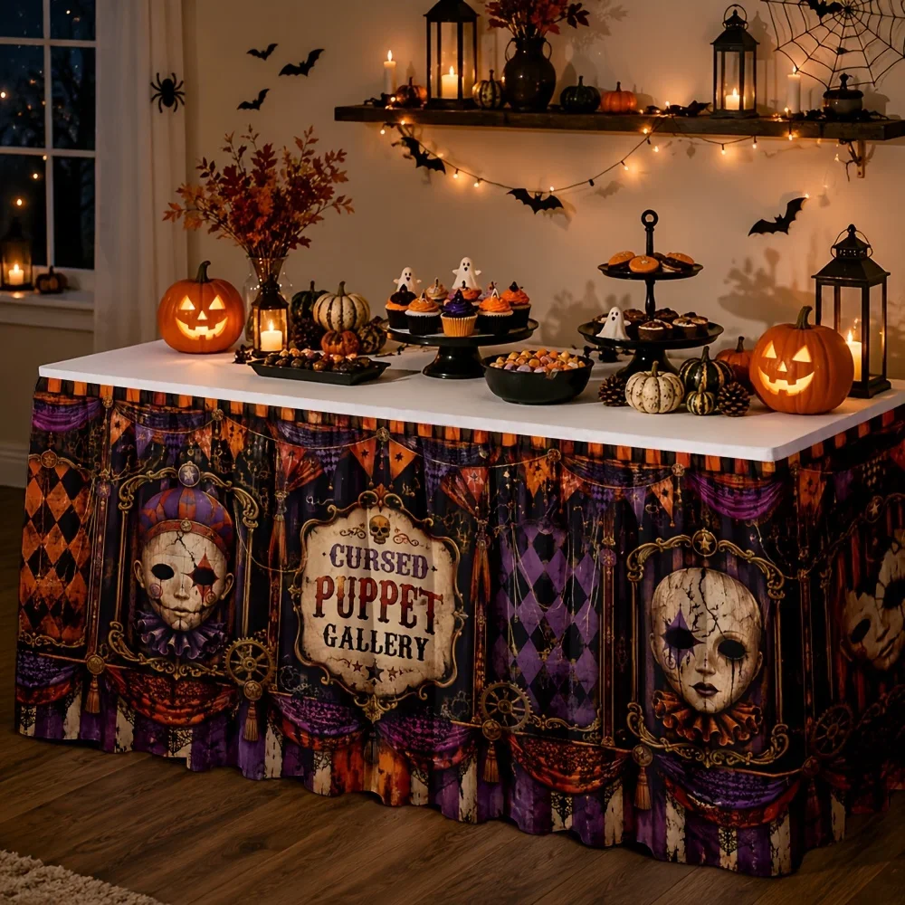 One table skirt: Polyester horror circus print table skirt, broken puppet mask, retro carnival pattern
