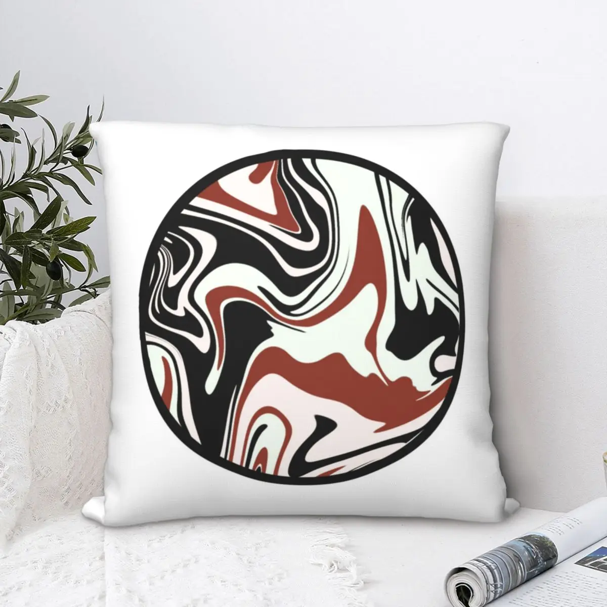 Marbled Red, White, And Black Circle Square Pillowcase Polyester Pillow Cover Velvet Cushion Zip Decorative Comfort Throw Pillow