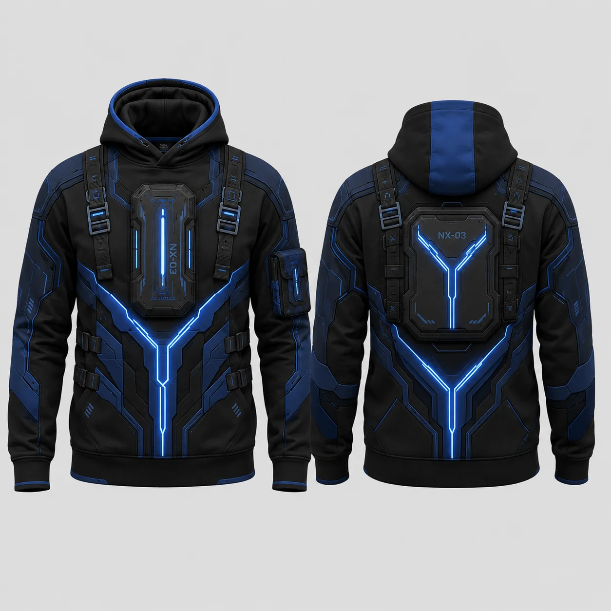 Futuristic Cyber Armor Style Hoodie Men Black Blue 3D Sublimation Print Flat Graphic Pullover Hooded Sweatshirt Streetwear