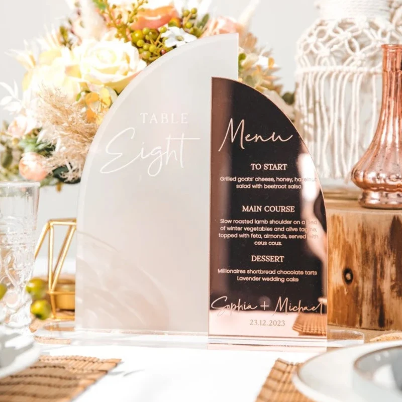 Personalised Luxury Wedding Décor,Rosegold Mirror Elegant Event Menus,Wedding Table Numbers,Arch Acrylic Table Sign