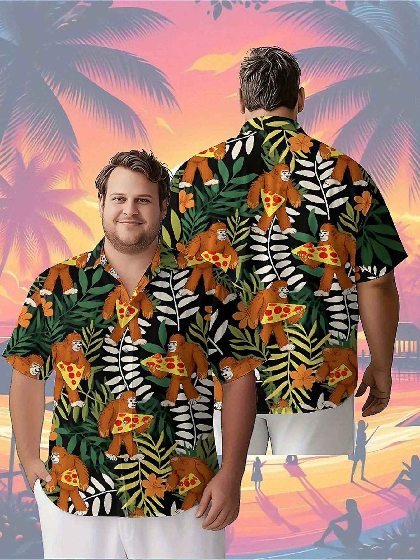 Men's Plus Size Hawaiian Shirts Jungle Pizza Sasquatch pattern, Unisex Aloha Shirts,New in Summer Tops Tee,streetwear