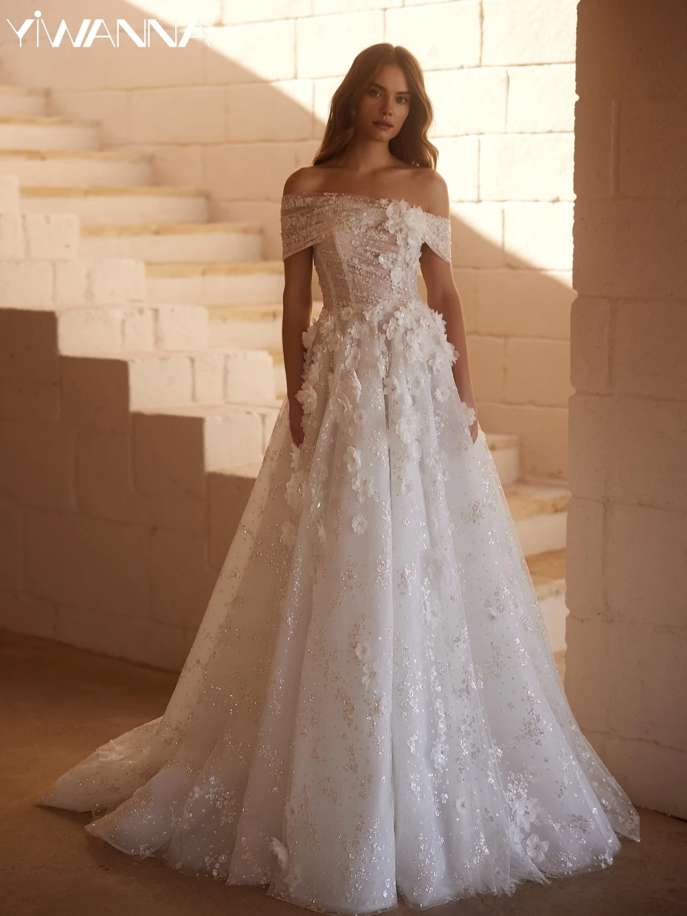 Superbe robe de mariée longue en Tulle, ligne a, fleurs 3D, paillettes brillantes, épaules dénudées, robes gracieuses personnalisées pour mariée