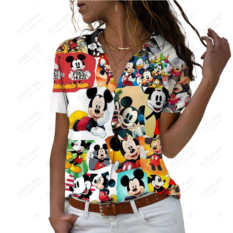 Disney-camisa casual bonito dos desenhos animados, impressão 3D, manga curta, solta, harajuku havaiano, casaco de botão grande, top, novo, verão, 2023