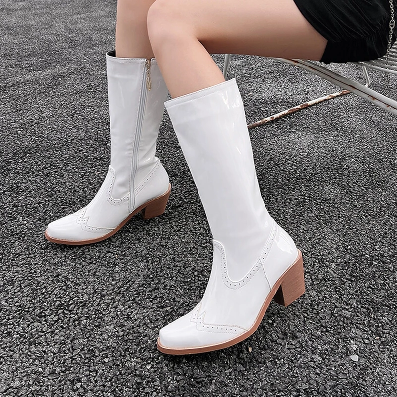 ORCHA LISA عادية 2026 المرأة أحذية الركبة 6 سنتيمتر كعب مكتنز براءات الاختراع والجلود انقطاع تصميم الأزرق حجم كبير 46 48 US14 US17 نمط الحفلات