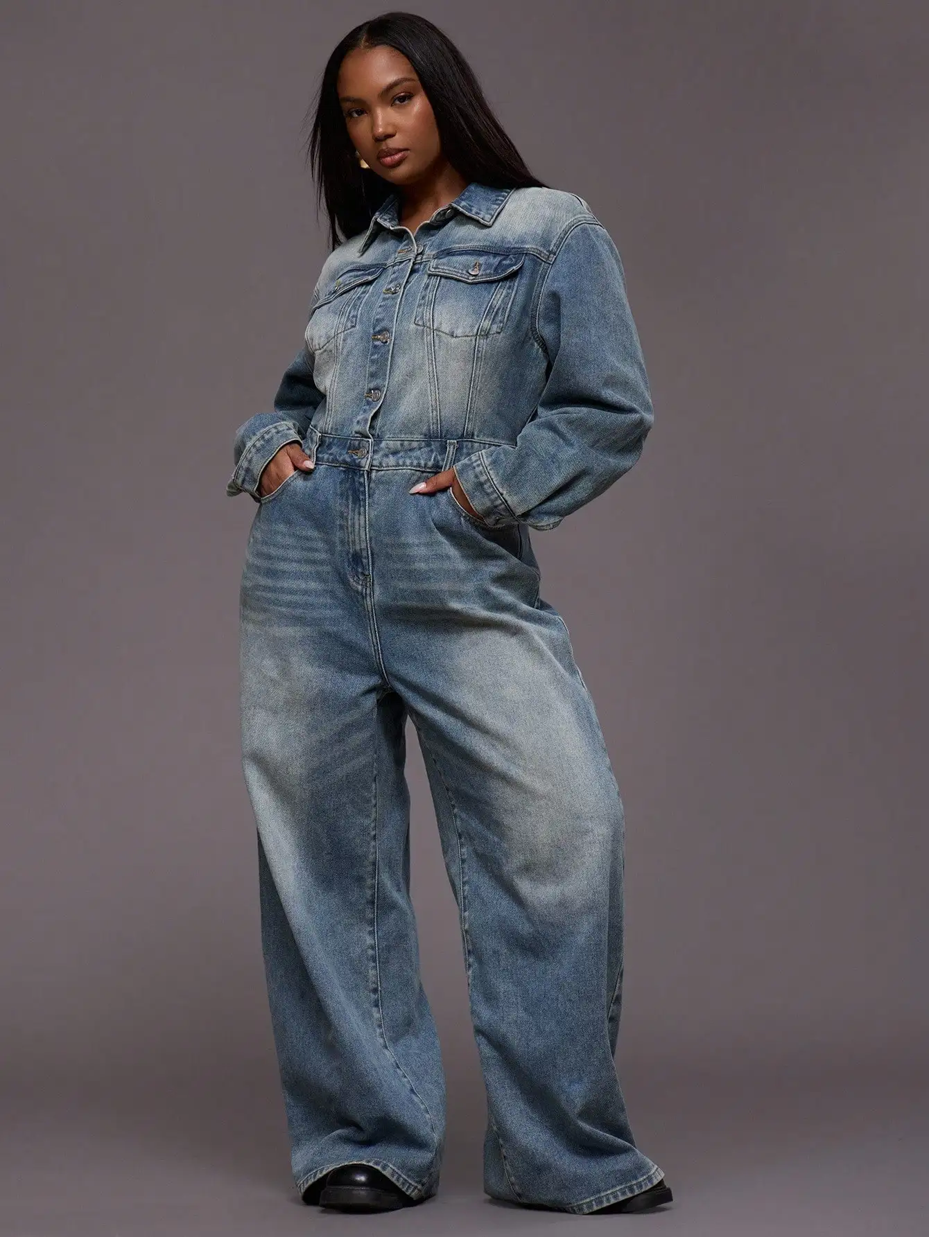 

Джинсовый комбинезон-боди с широкими штанинами из выстиранного денима больших размеров для повседневного уличного стиля осень-зима