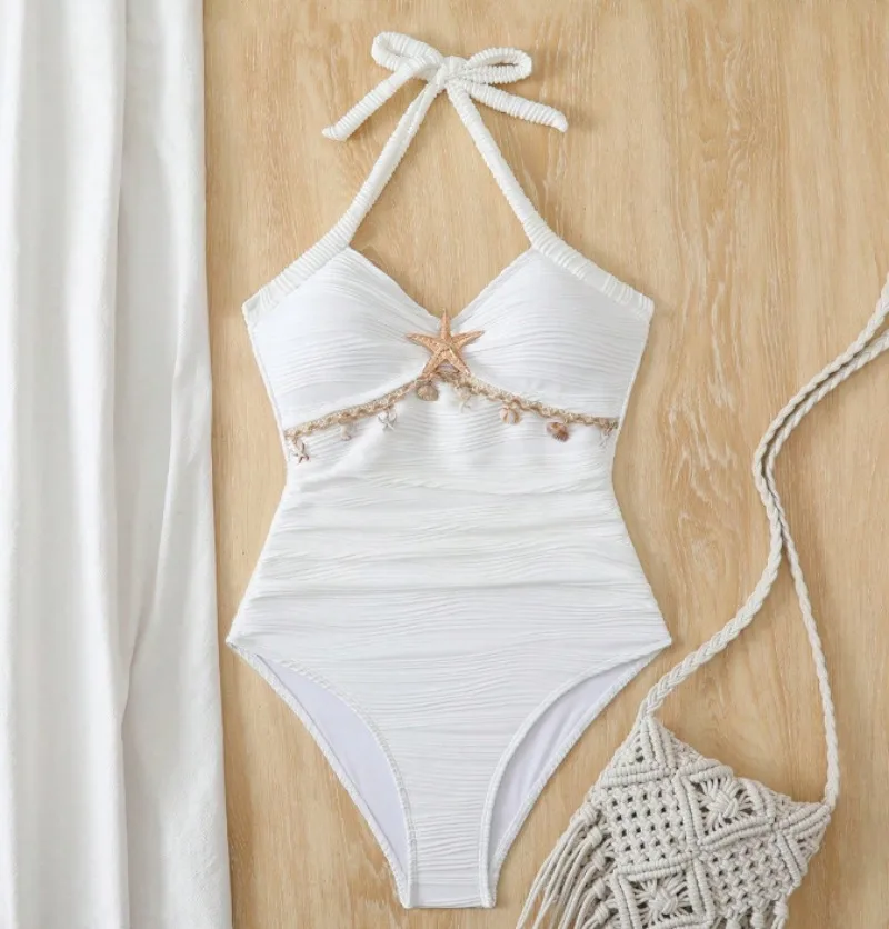 

Сексуальные металлические купальники с принтом морской звезды, белые, в рубчик, цельные, с завязками на спине, бикини, пляжная одежда, боди, бикини