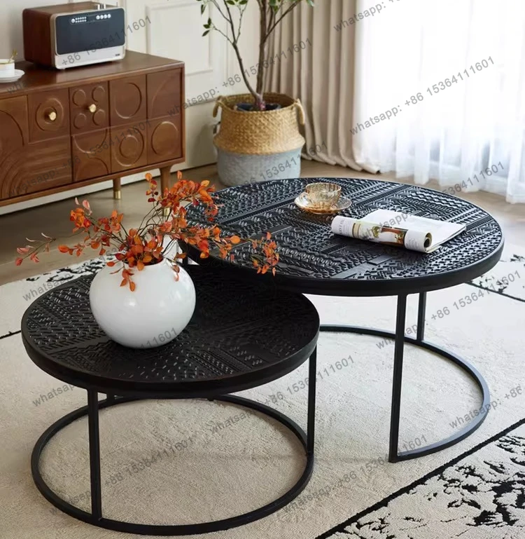 French retro wind solid wood carving flower size coffee table black retro wrought iron
