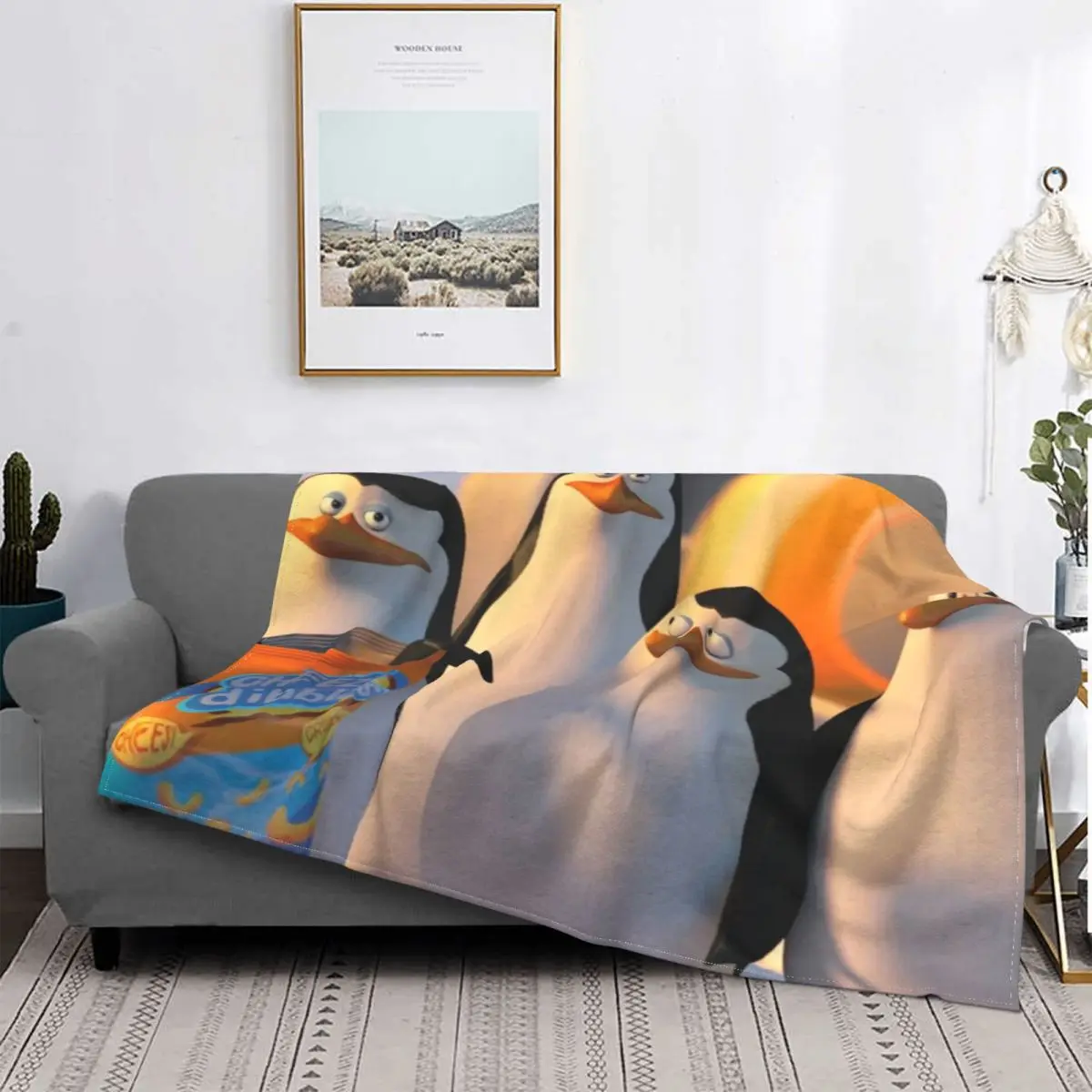 Penguins of Madagascar Blanket Fleece Velvet Spring Autumn Cute Super Warm Thin Eat Potato Chips Throw Blankets For Sofa